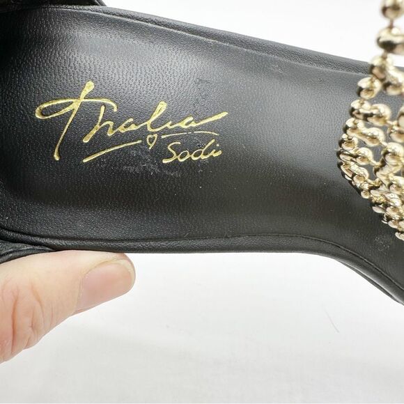 Thalia Sodi‎ Black Tibby Gold/Crystal Mesh Embellished Wedge Open-Toe Sandals 5M - Picture 12 of 16